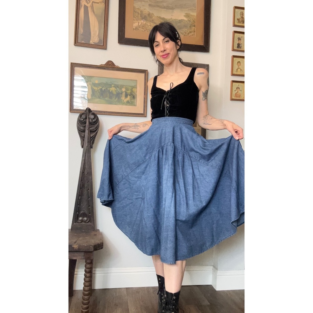 Vintage Clyde Denim Circle Skirt High Waisted Full Flare Cotton Blue Size 9